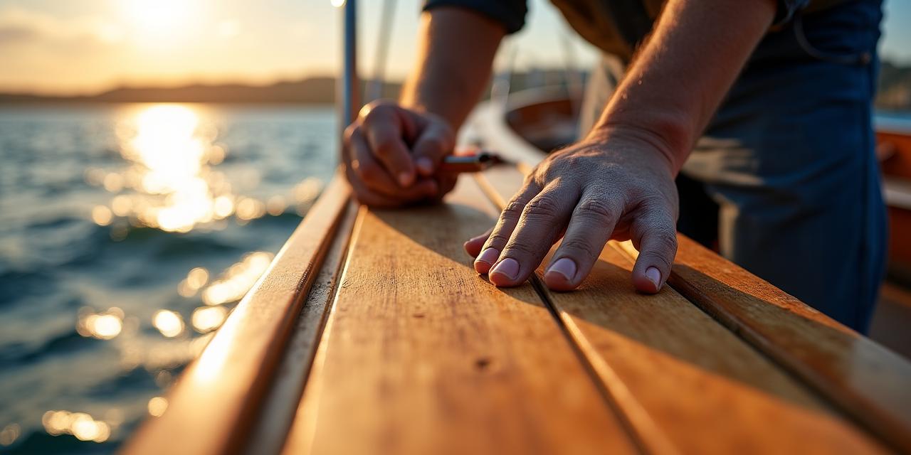 Mastro d'ascia al lavoro su un ponte in legno di uno yacht