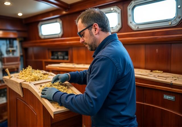 Artigiano al lavoro su interni in legno di uno yacht