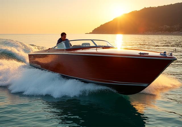 Motoscafo in mogano restaurato a nuovo che naviga al tramonto